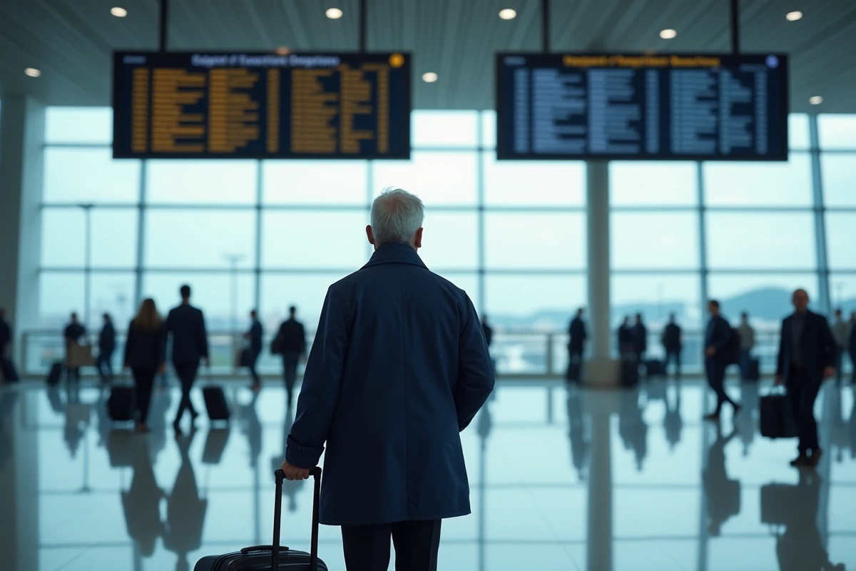 Voyageur vérifiant les informations de départ à l'aéroport avant un vol international depuis Lyon