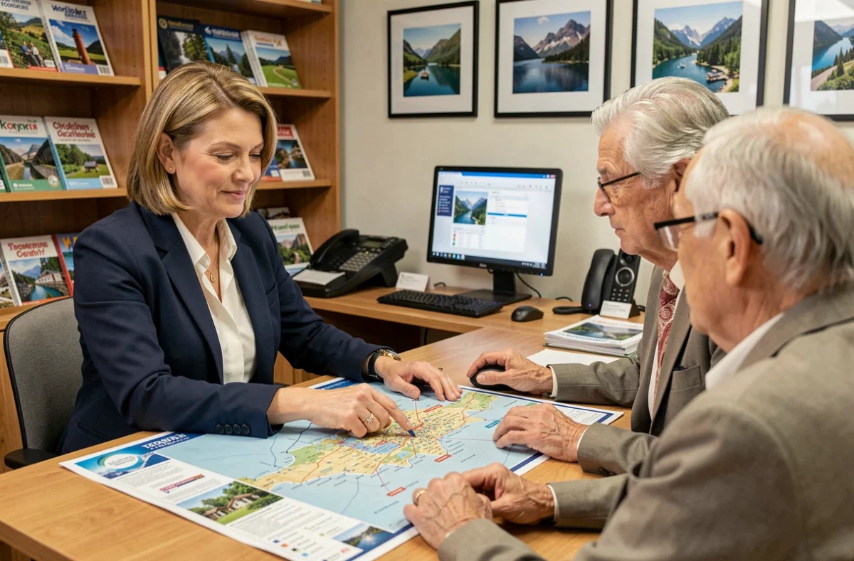 Agente de voyage présentant des options de croisière fluviale à un couple de clients en agence