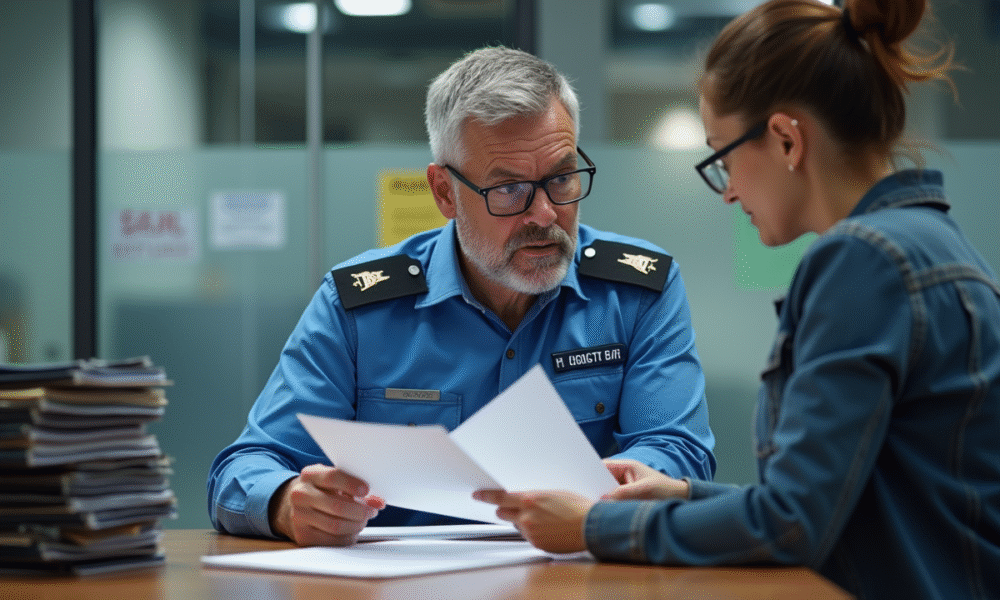 Agent de douane en uniforme bleu examine des documents