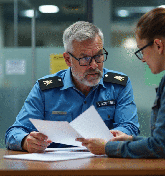 Agent de douane en uniforme bleu examine des documents