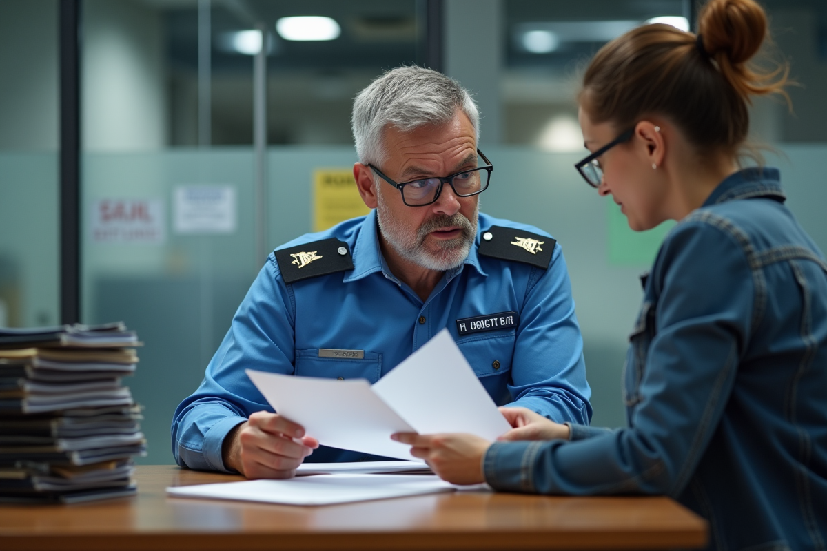 Agent de douane en uniforme bleu examine des documents