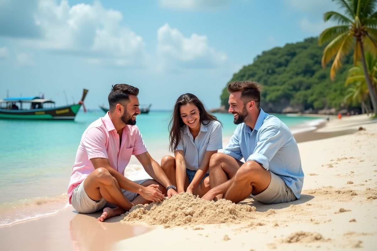 Trois amis construisent un château de sable sur plage rose