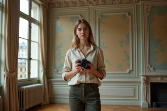 Photographe professionnelle dans un appartement haussmannien atypique à Paris utilisé comme décor de shooting photo, avec parquet en chevron et moulures au plafond