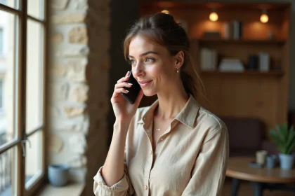 Femme appelant depuis son smartphone un numéro international en Italie depuis son appartement parisien