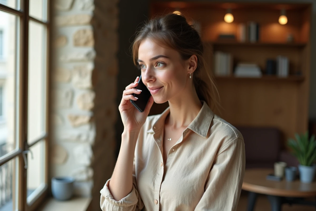 Femme appelant depuis son smartphone un numéro international en Italie depuis son appartement parisien