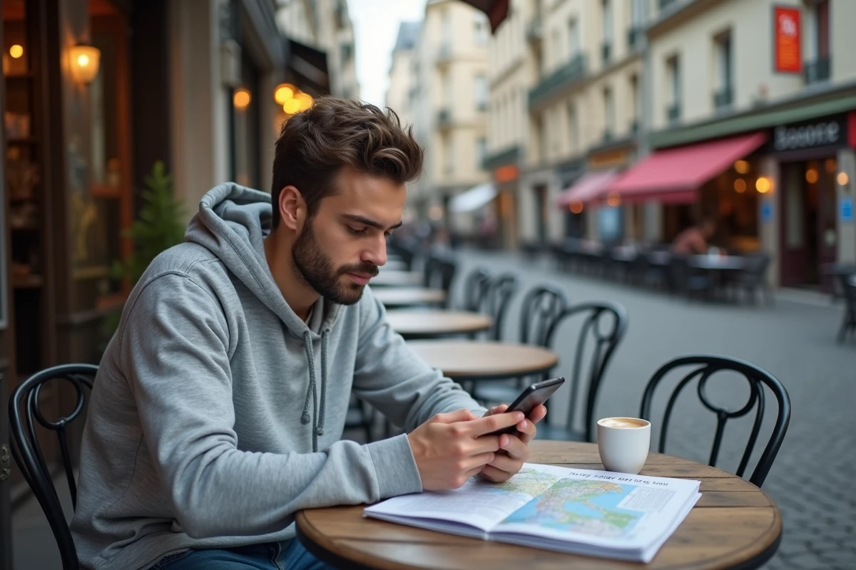 Jeune homme en terrasse de café consultant son téléphone pour appeler un numéro portable en Italie
