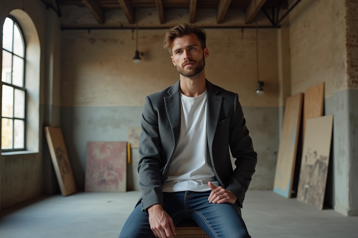 Modèle masculin en tenue sobre posant dans un atelier industriel parisien reconverti en lieu de shooting photo insolite avec poutres en fer et briques apparentes