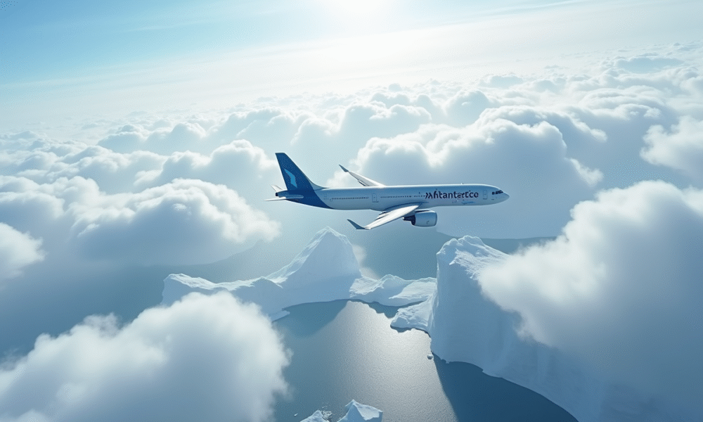 Avion moderne survole l'Antarctique avec glaciers et icebergs