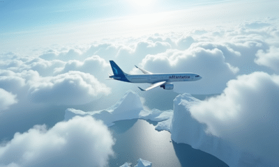 Avion moderne survole l'Antarctique avec glaciers et icebergs