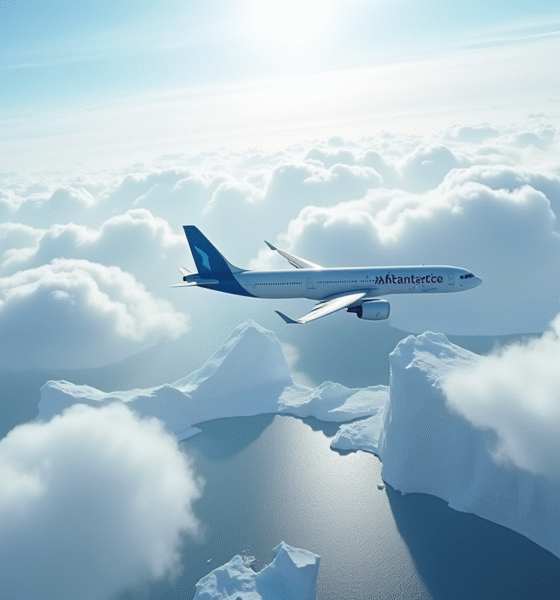 Avion moderne survole l'Antarctique avec glaciers et icebergs