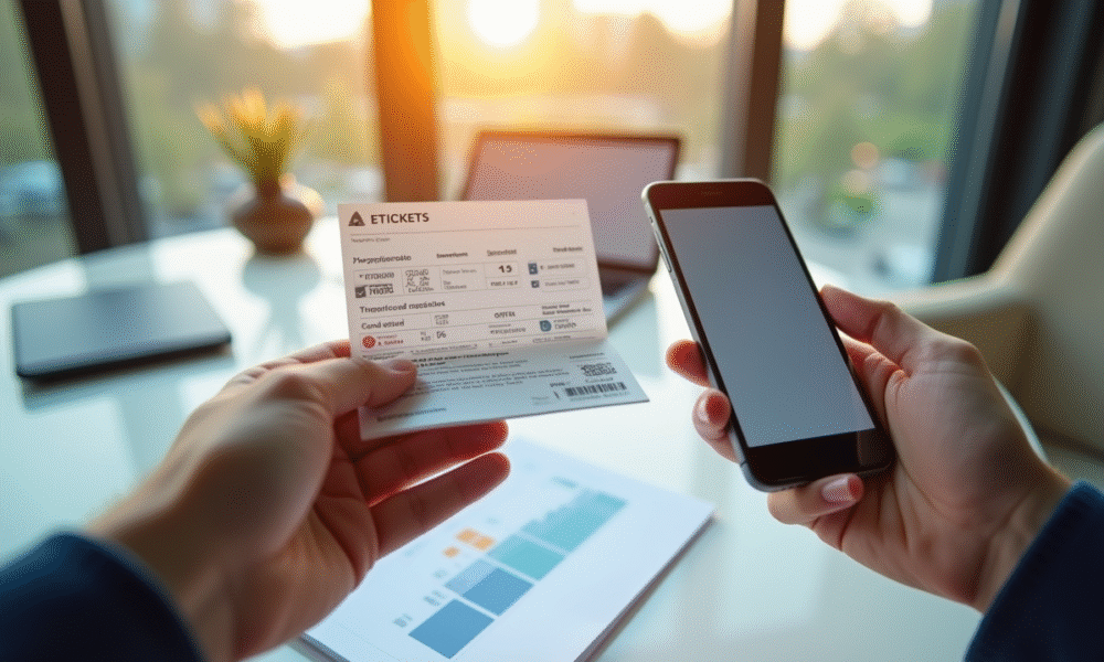Personne tenant un e-ticket imprimé et un smartphone avec une application de billets numériques