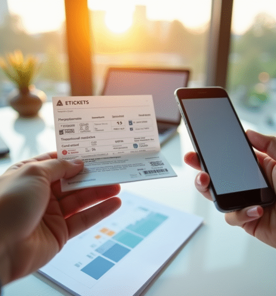 Personne tenant un e-ticket imprimé et un smartphone avec une application de billets numériques