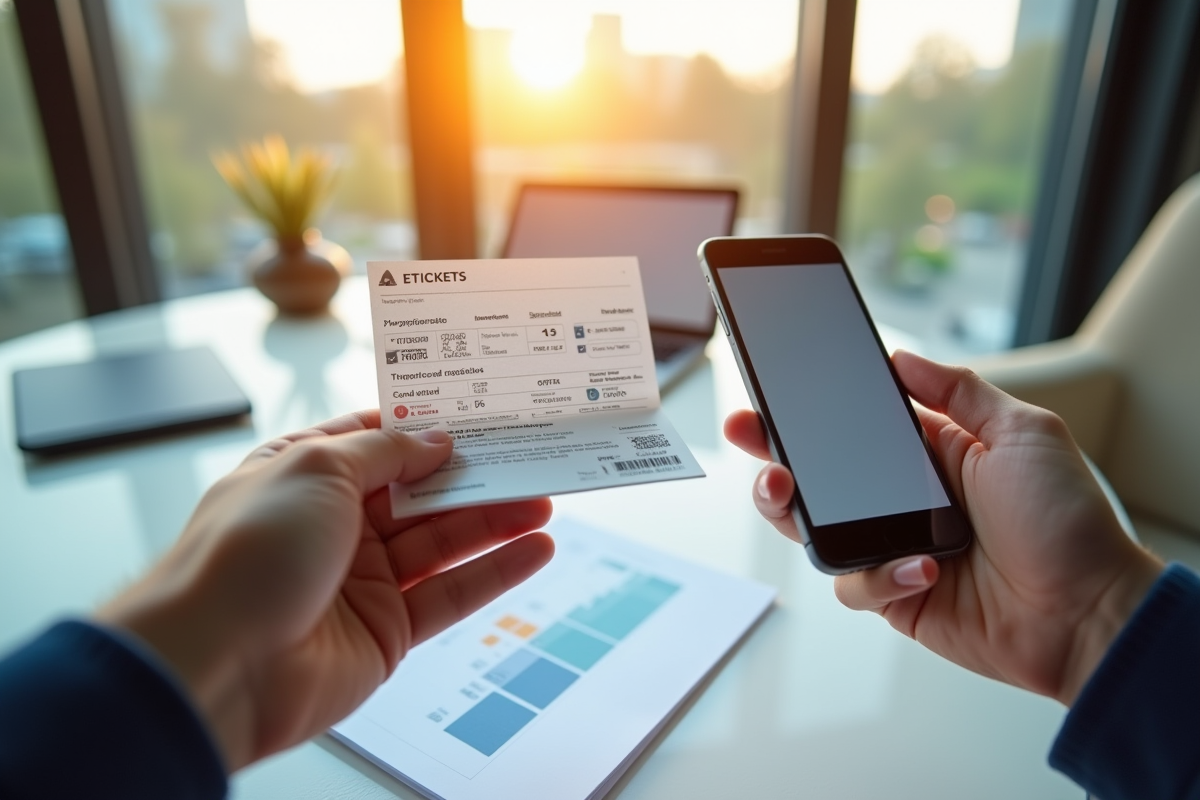 Personne tenant un e-ticket imprimé et un smartphone avec une application de billets numériques