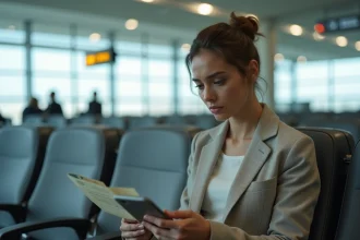 Femme à l'aéroport lisant les conditions d'un billet gratuit Thaïlande avec méfiance
