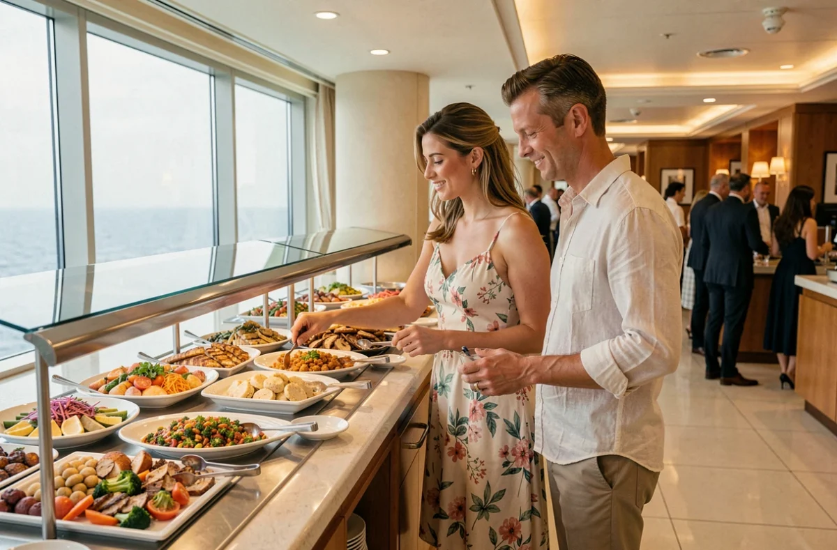 Couple choisissant des plats au buffet gastronomique d'une croisière tout inclus