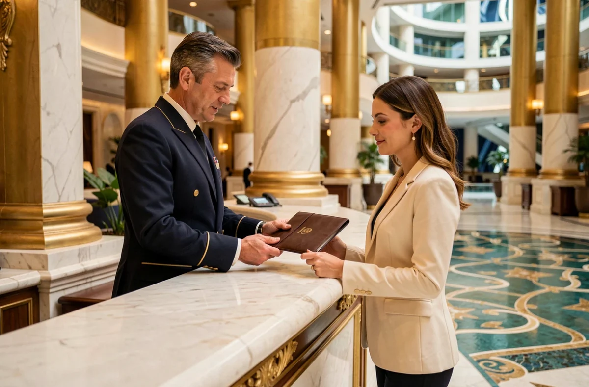 Concierge du Burj Al Arab remettant un dossier de réservation à une cliente dans le somptueux lobby de l'hôtel à Dubaï
