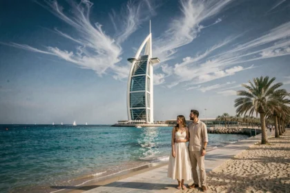 Couple devant le Burj Al Arab à Dubaï en haute saison, vue panoramique sur l'hôtel emblématique en forme de voile depuis le bord de mer