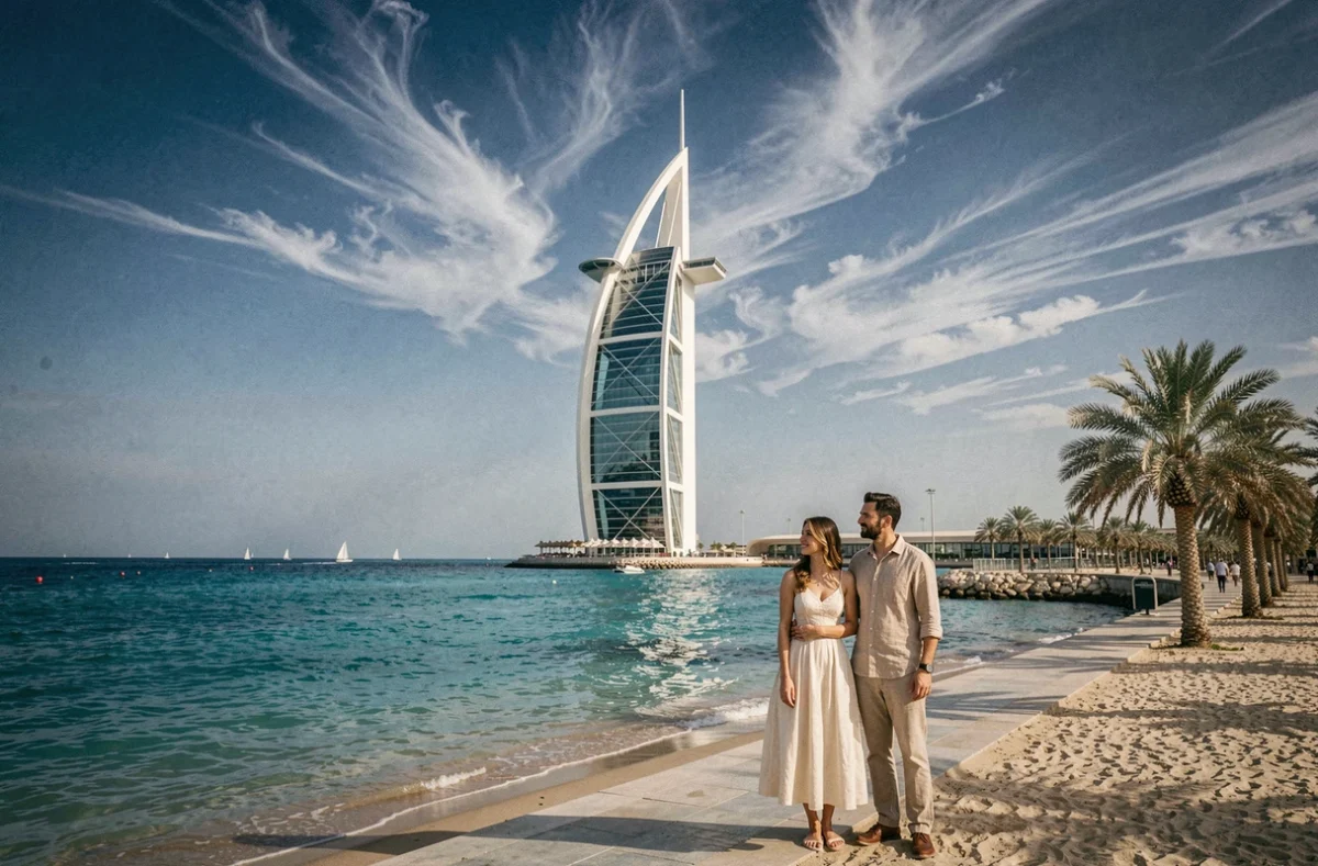 Couple devant le Burj Al Arab à Dubaï en haute saison, vue panoramique sur l'hôtel emblématique en forme de voile depuis le bord de mer