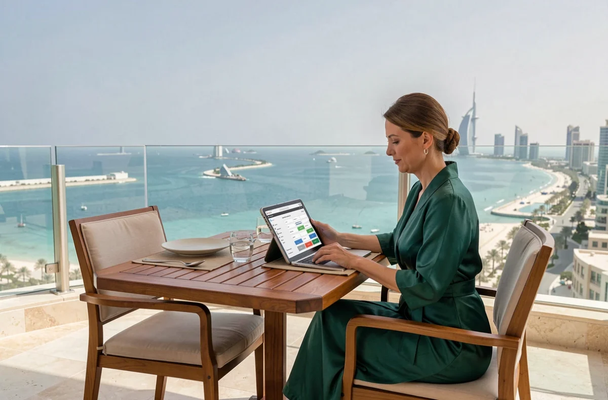 Voyageuse consultant une réservation en ligne sur la terrasse privée d'une suite du Burj Al Arab avec vue sur la côte de Dubaï