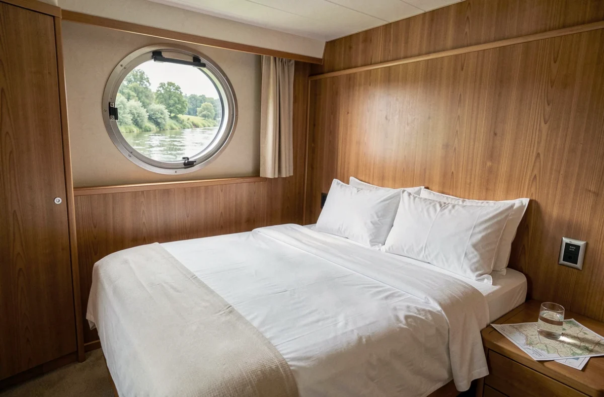 Cabine intérieure confortable d'un bateau de croisière fluviale avec hublot vue sur le fleuve