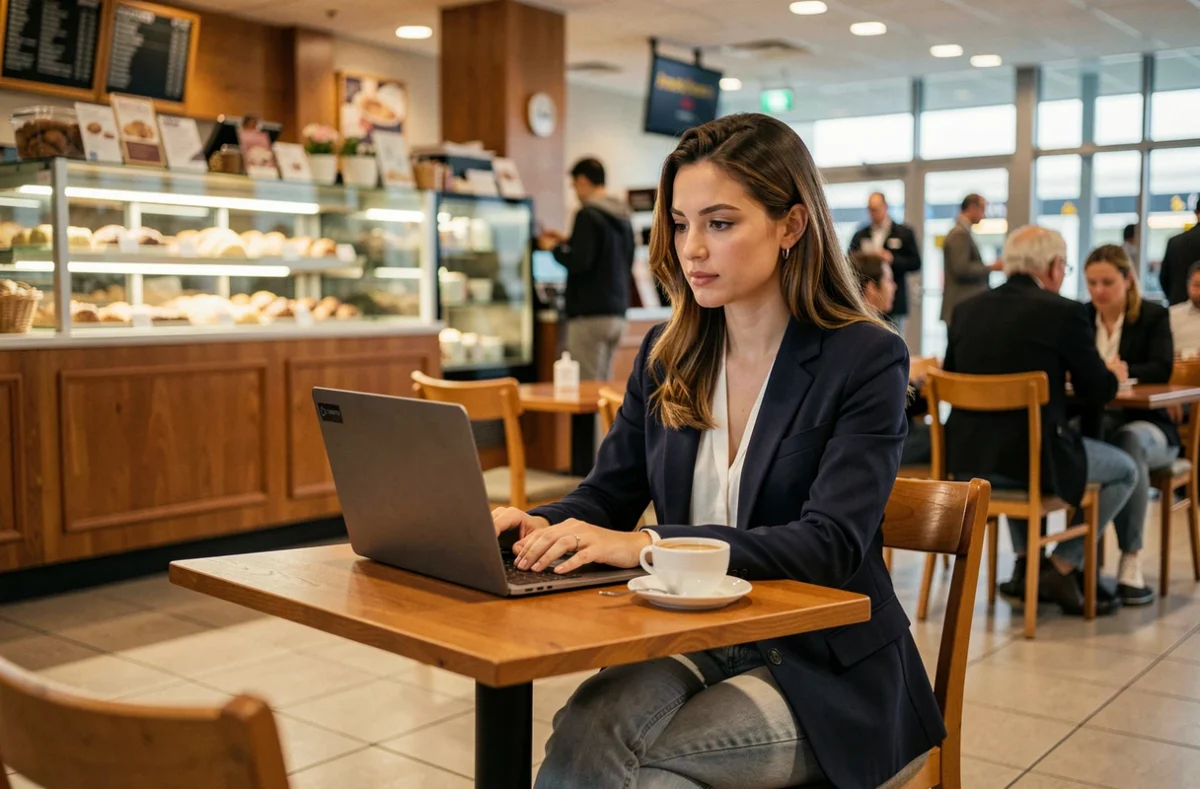 Femme travaillant sur ordinateur dans un café de l'aéroport d'Orly en attendant son embarquement