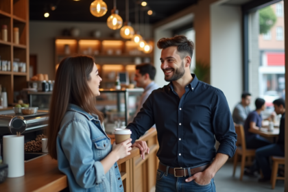 Homme en chemise navy et jeans dans un café urbain