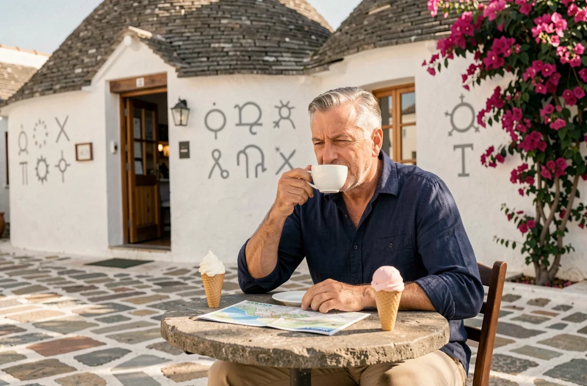 Touriste dégustant un espresso en terrasse devant un trullo décoré de symboles peints dans une placette d'Alberobello