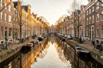 Canal du centre d'Amsterdam bordé de maisons à pignon au coucher du soleil