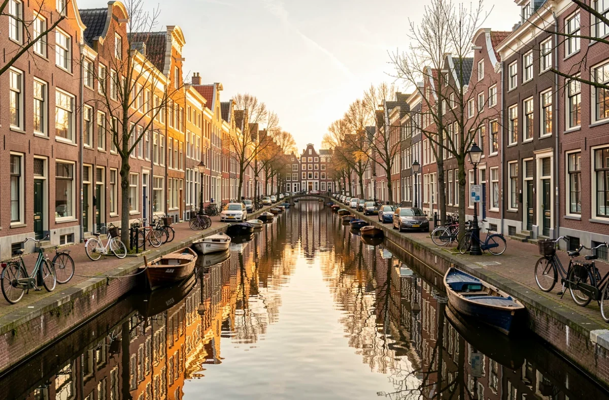 Canal du centre d'Amsterdam bordé de maisons à pignon au coucher du soleil