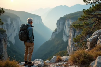 Homme randonneur au bord du canyon Gorropu au lever du soleil