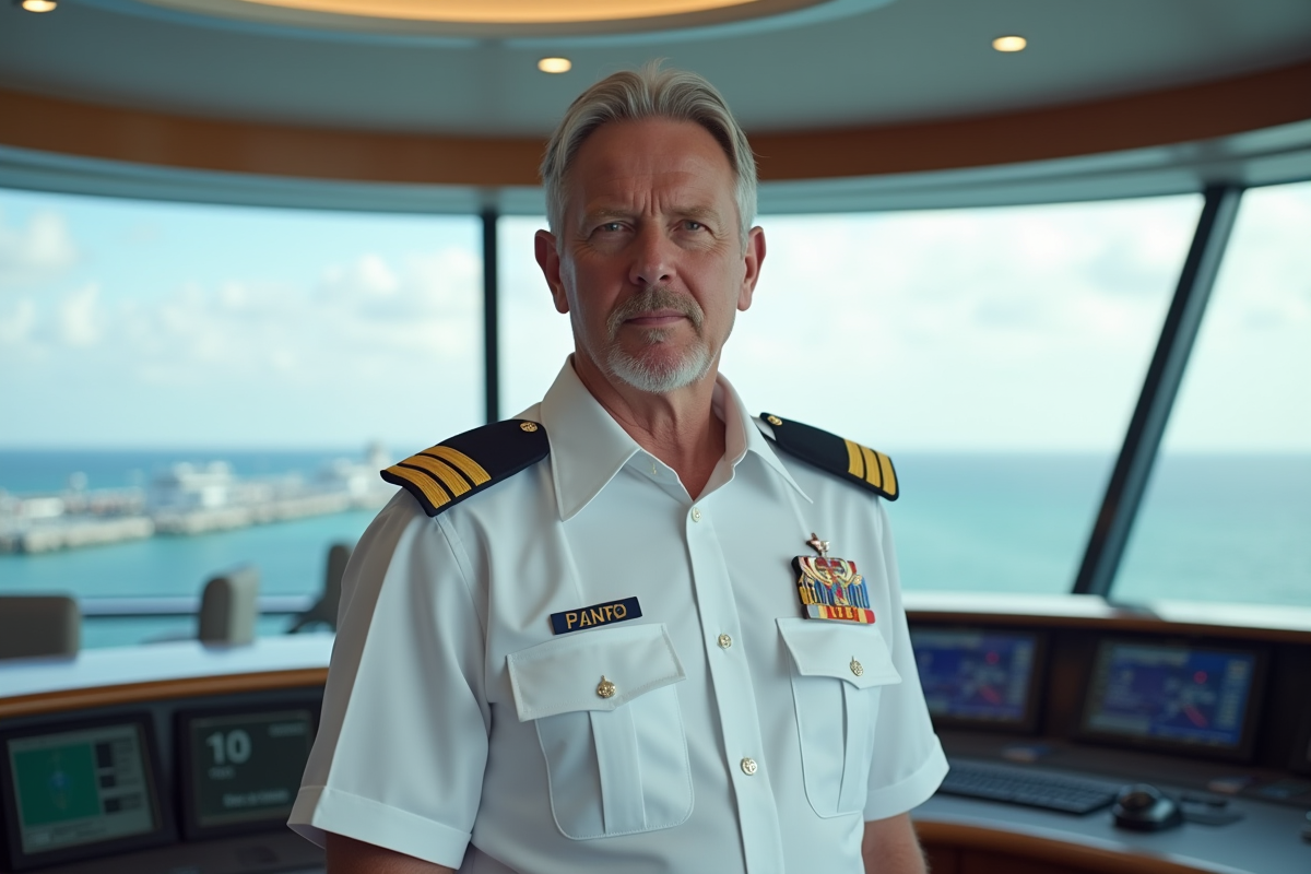 Capitaine de navire en uniforme sur le pont de croisiere