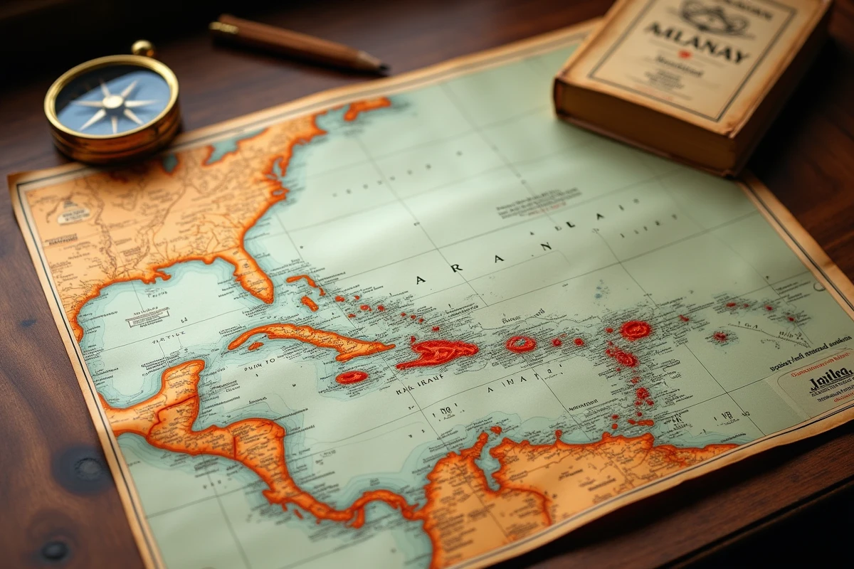 Carte nautique papier de la mer des Caraïbes avec zones à risque d'ouragans annotées en rouge