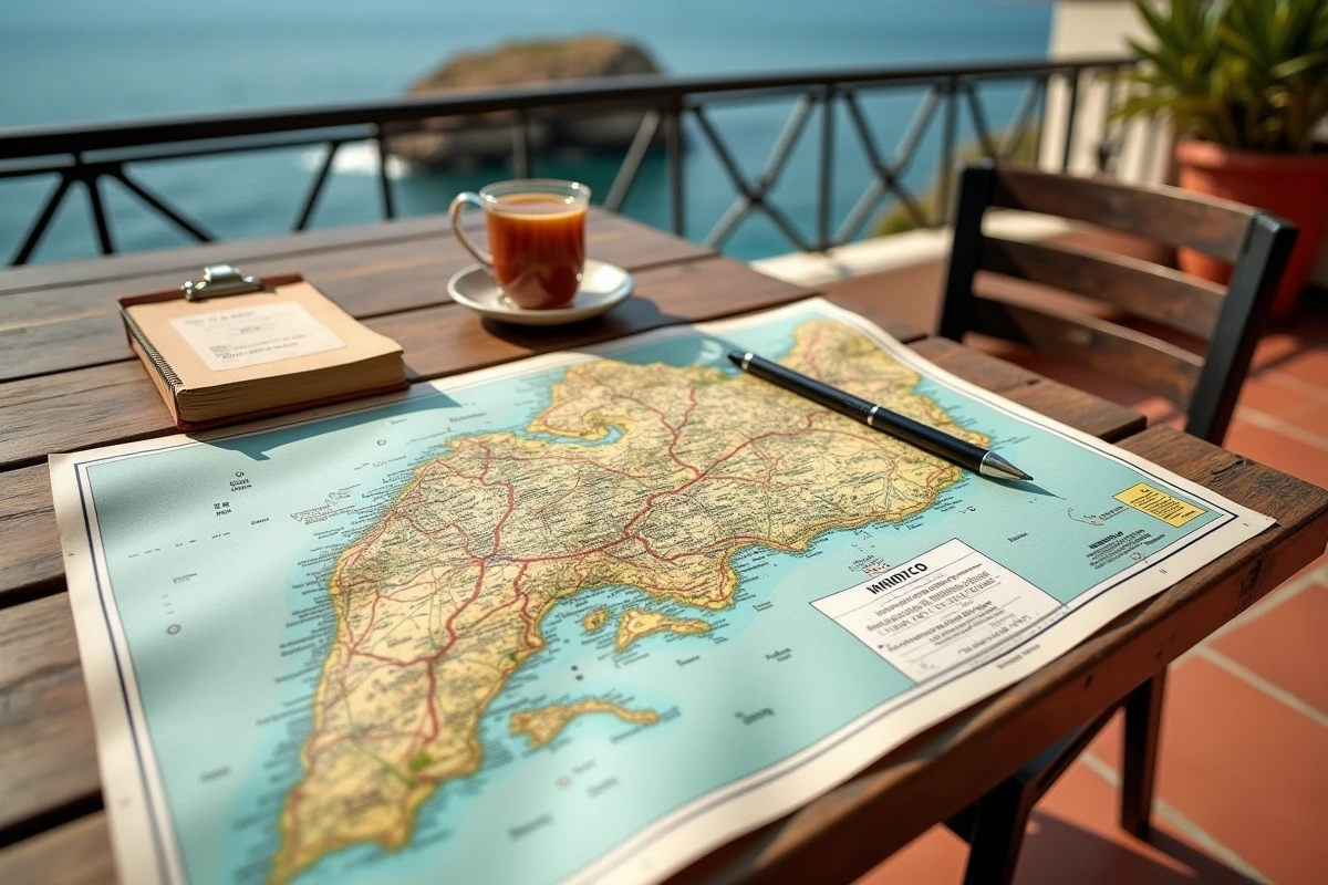 Carte routière du nord du Maroc dépliée sur une table de café en terrasse avec vue sur la baie et un verre de thé à la menthe