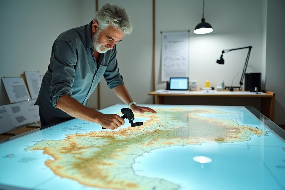 Cartographe professionnel analysant une carte des zones volcaniques du sud de l'Italie