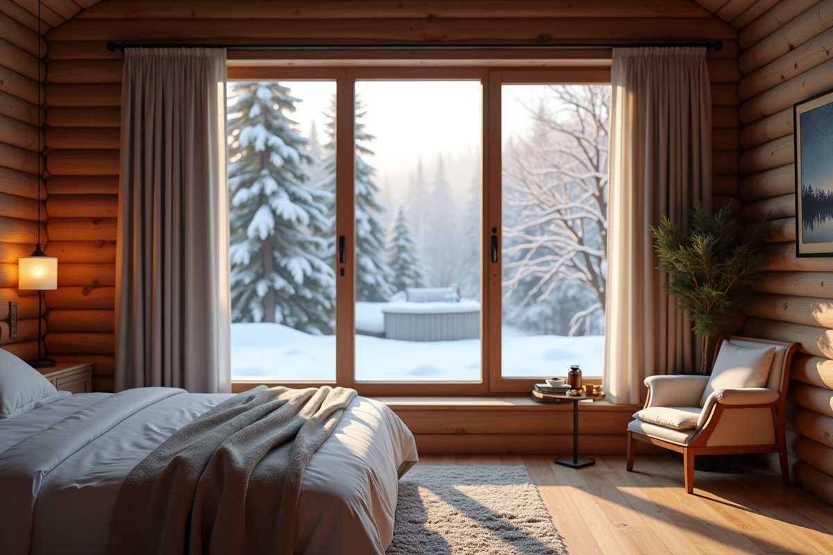 Chambre de cabane avec vue sur jacuzzi en matinée glacée