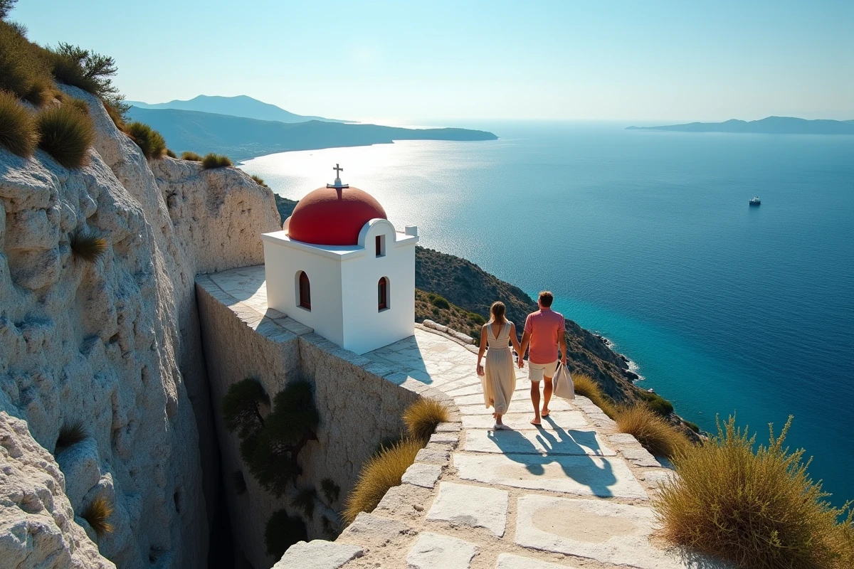 Chapelle Agios Ioannis sur falaise rocheuse à Skopelos, célèbre décor du film Mamma Mia avec vue sur la mer Égée
