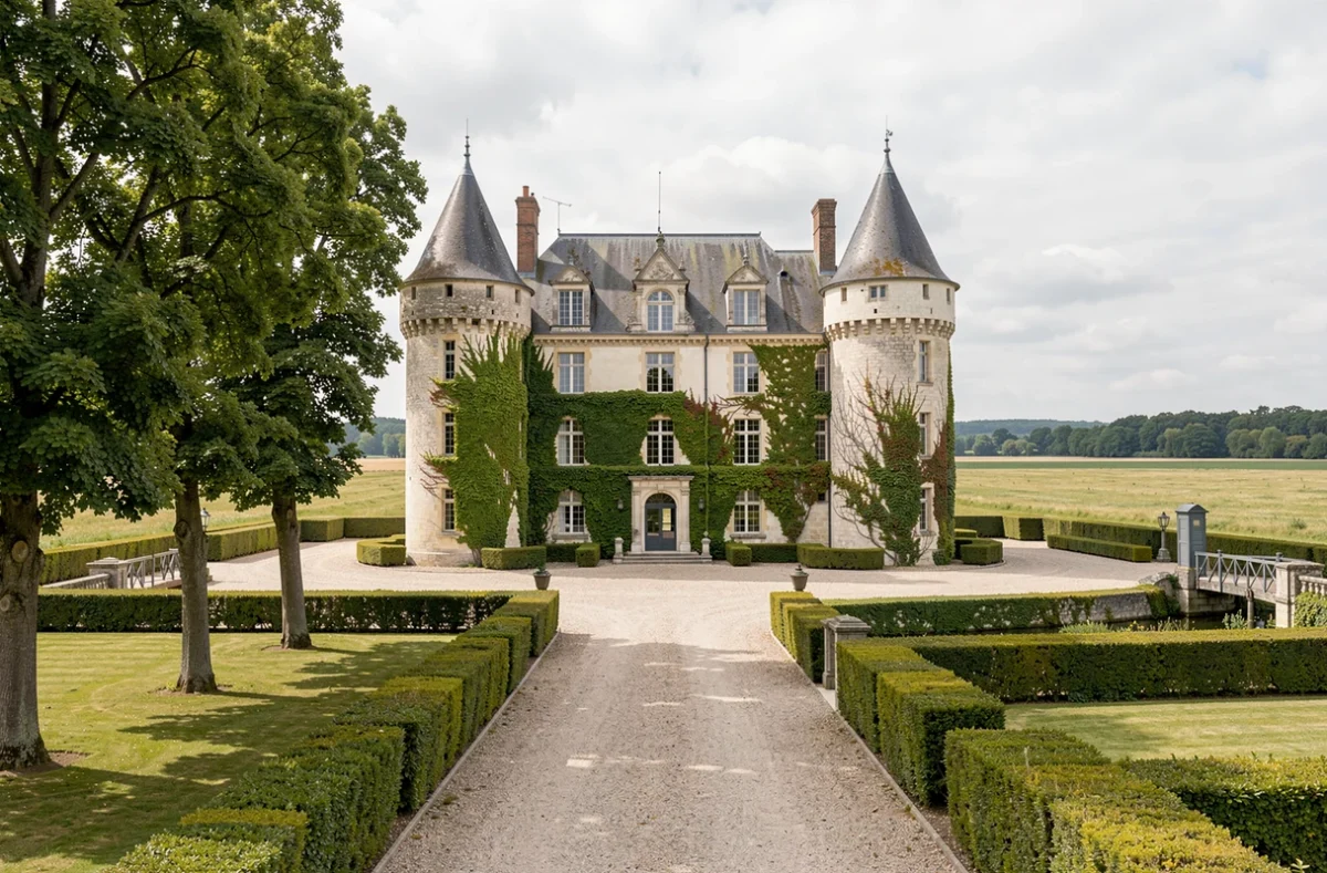 Façade du Château de Villiers-le-Mahieu avec ses tours médiévales, son allée de gravier et ses jardins à la française