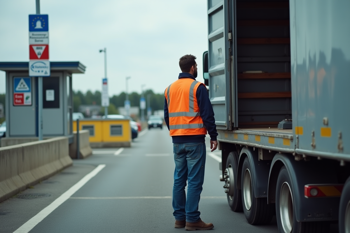 Jeune chauffeur de camion à la frontière avec un camion ouvert
