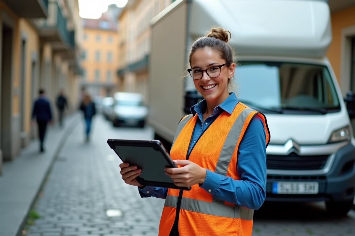 Chauffeuse de camionnette de livraison consultant une application de navigation Mappy sur tablette en ville
