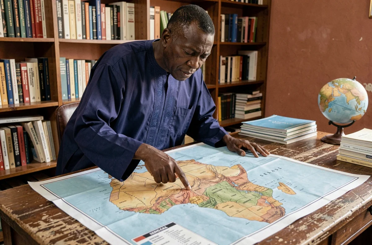 Chercheur sénégalais étudiant une carte politique de l'Afrique de l'Ouest dans un bureau universitaire à Dakar