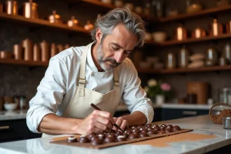 Chocolatier artisan de Bruges décorant des pralines belges à la main dans son atelier