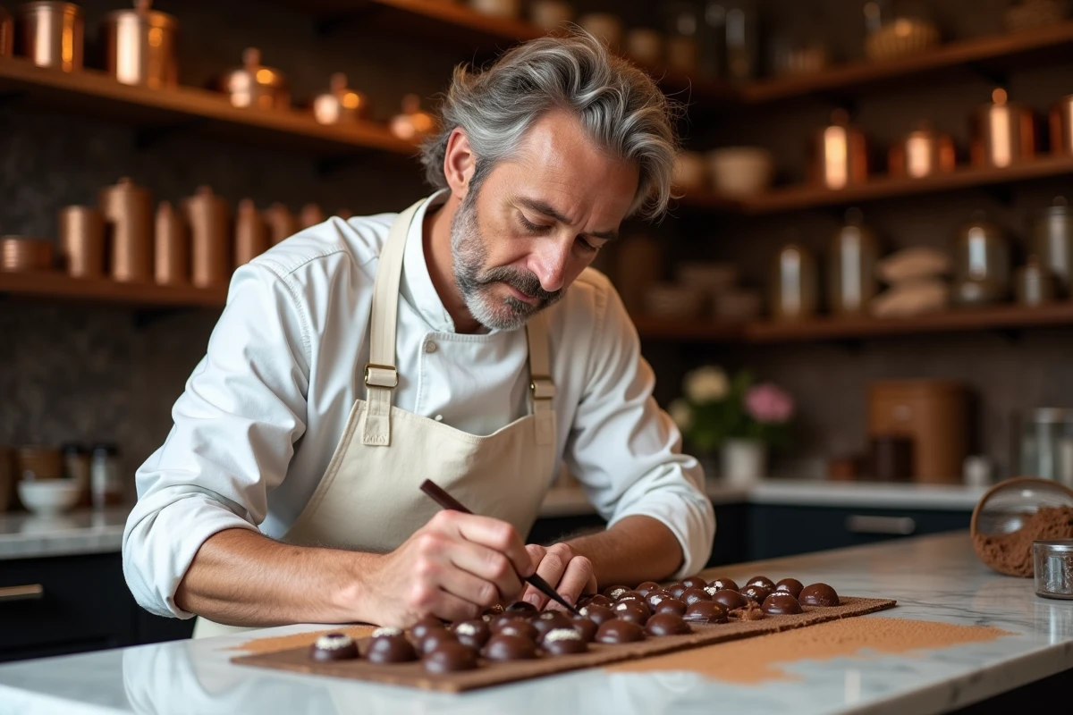 Chocolatier artisan de Bruges décorant des pralines belges à la main dans son atelier