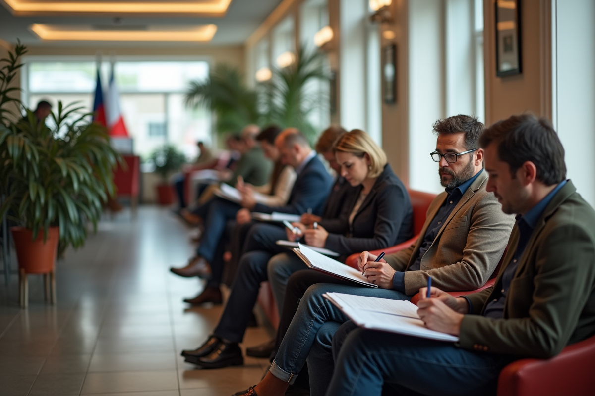 Citoyens français divers en attente dans un hall consulaire