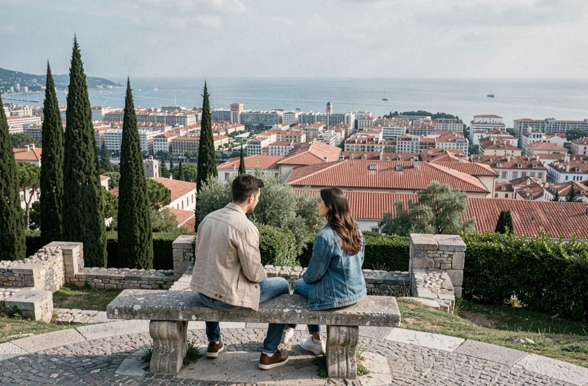 Couple admirant le panorama de la Baie des Anges depuis la Colline du Château à Nice