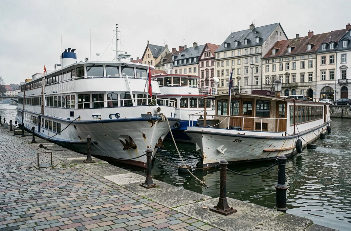 Comparaison entre un bateau de croisière fluviale de luxe et une péniche amarrés sur un quai européen