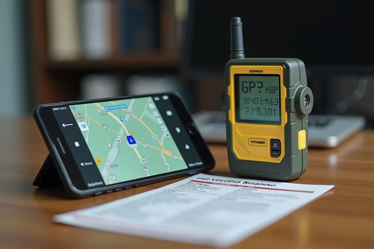 Comparaison côte à côte d'un GPS militaire robuste et d'un smartphone civil avec application de navigation sur un bureau de recherche technique