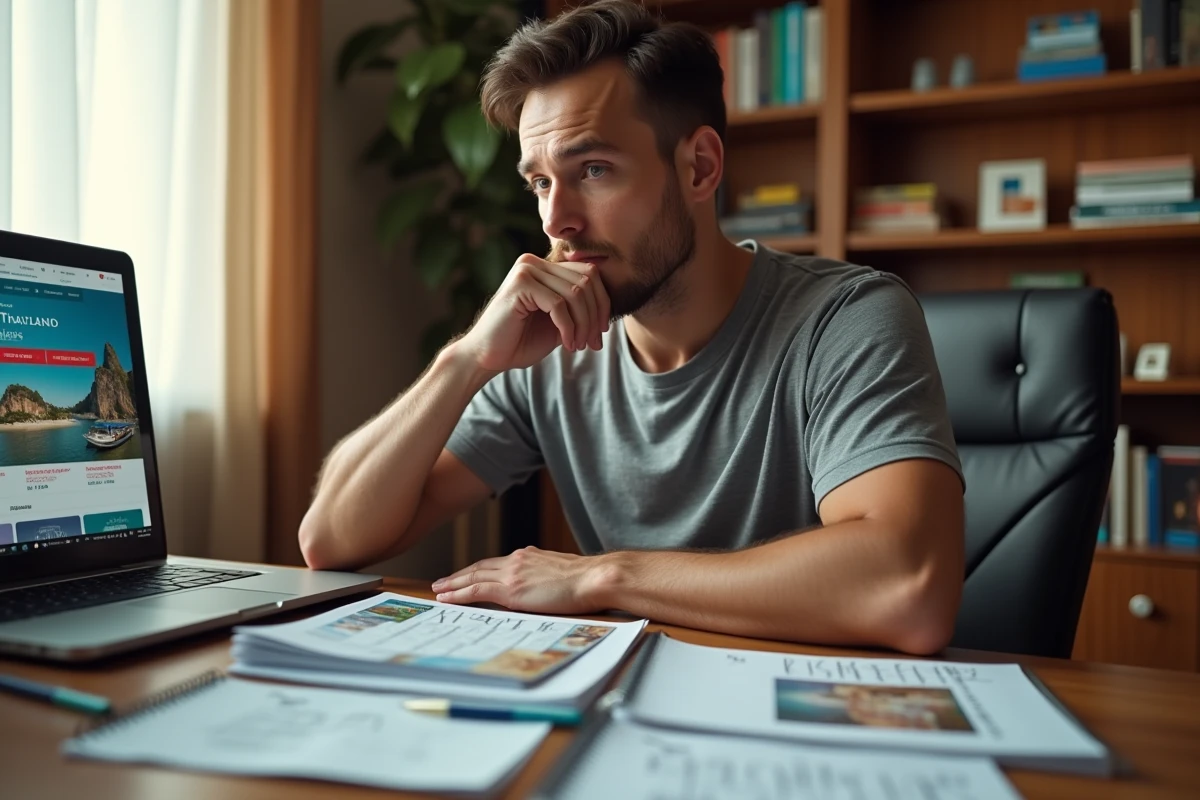 Homme comparant des offres de billets gratuits pour la Thaïlande sur son bureau à domicile