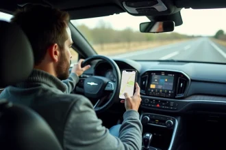 Conducteur de voiture utilisant une application GPS Mappy sur smartphone monté sur tableau de bord