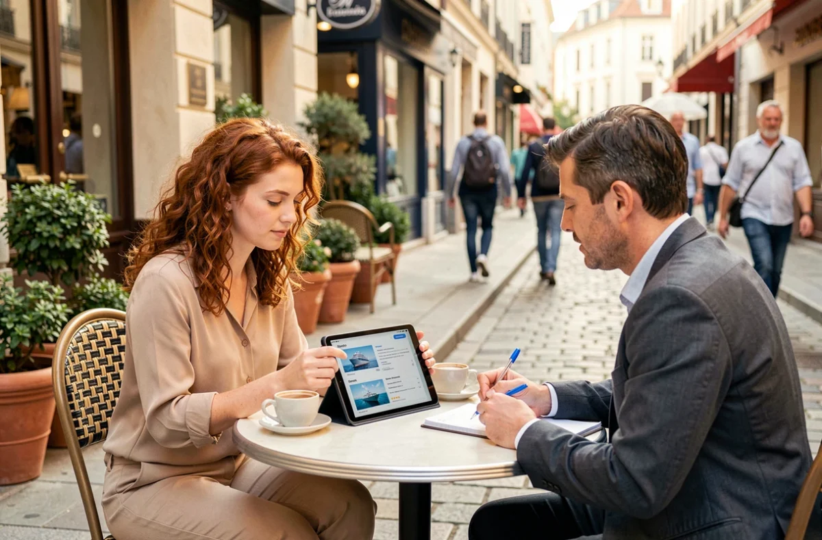 Jeune femme consultant un expert croisière autour d'une tablette dans un café en terrasse en ville
