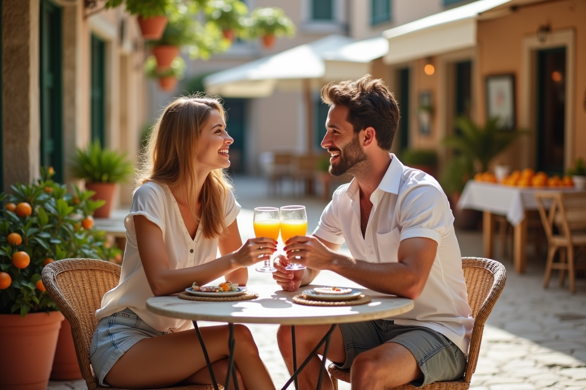 Jeune couple partageant un verre dans un cafe mediterraneen